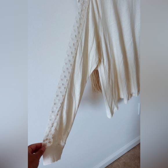 Wrap London Linen Blend Pullover Top Lightweight Sweater Mesh Sleeves Polka Dot - Picture 2 of 5